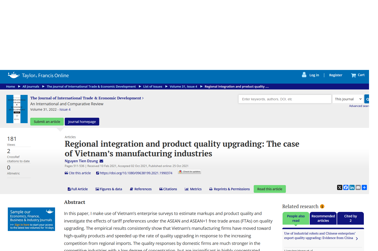 Regional Integration and Product Quality Upgrading: The Case of Vietnam Manufacturing Industries