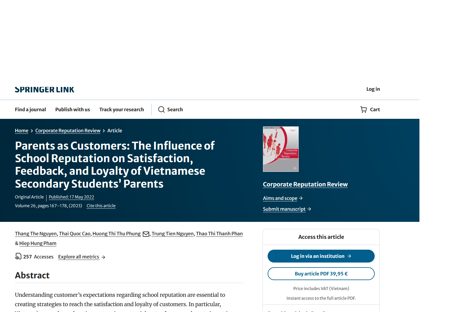 Parents as Customers: The Influence of School Reputation on Satisfaction, Feedback, and Loyalty of Vietnamese Secondary Students’ Parents