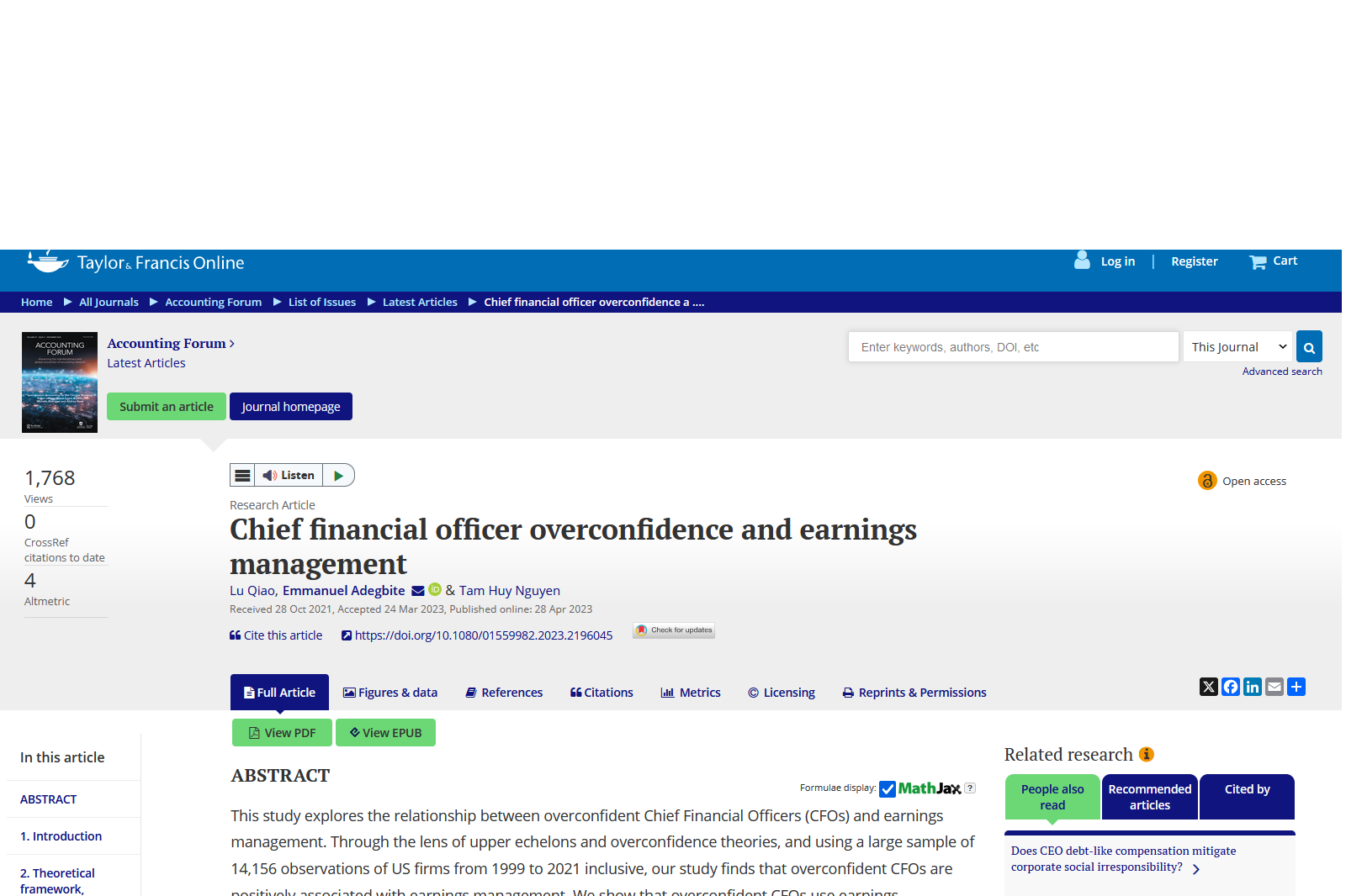 Chief Financial Officer Overconfidence and Earnings Management