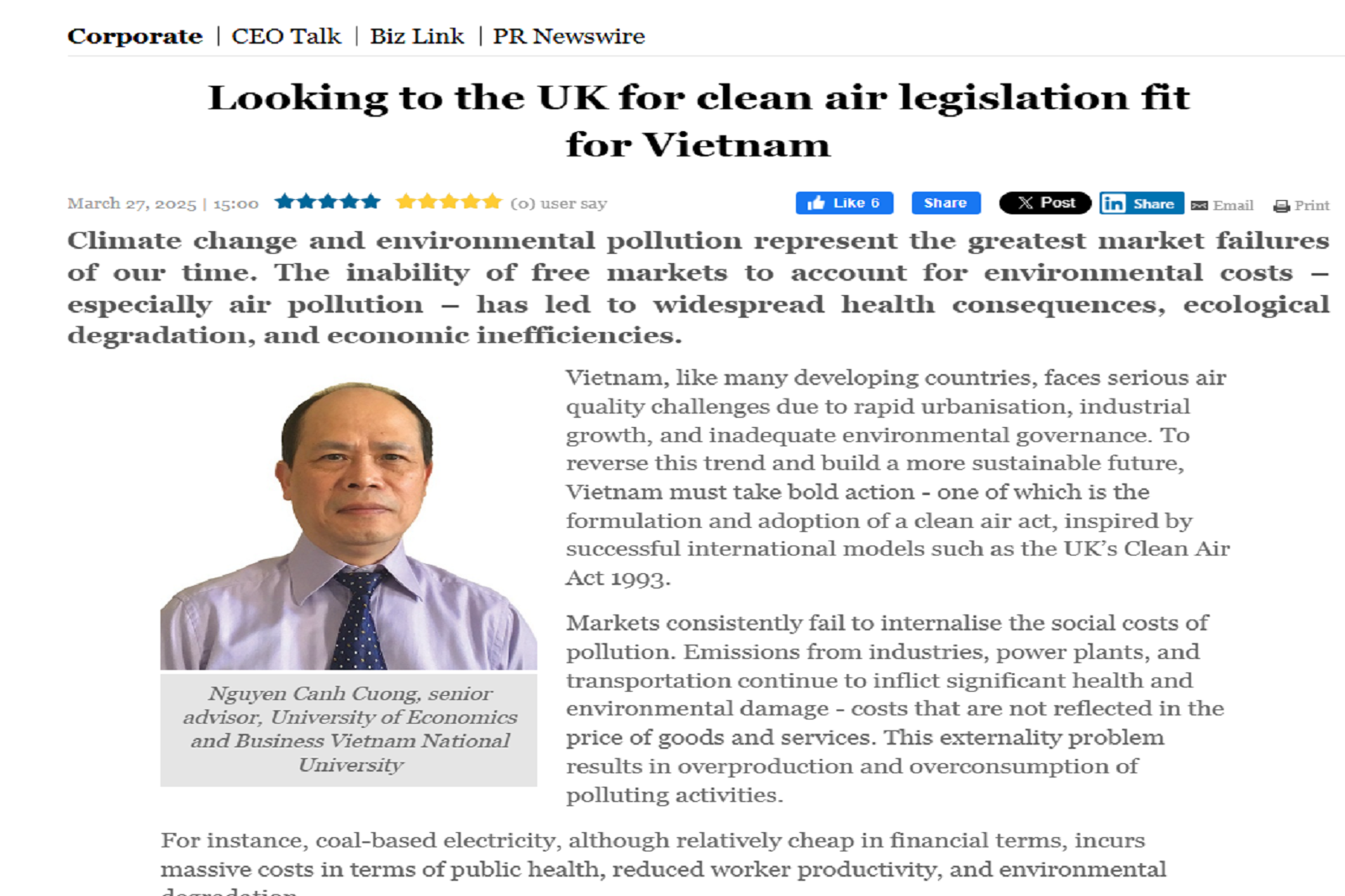 [VIETNAM INVESTMENT REVIEW] Nguyen Canh Cuong, senior advisor of VNU-UEB: Looking to the UK for clean air legislation fit for Vietnam